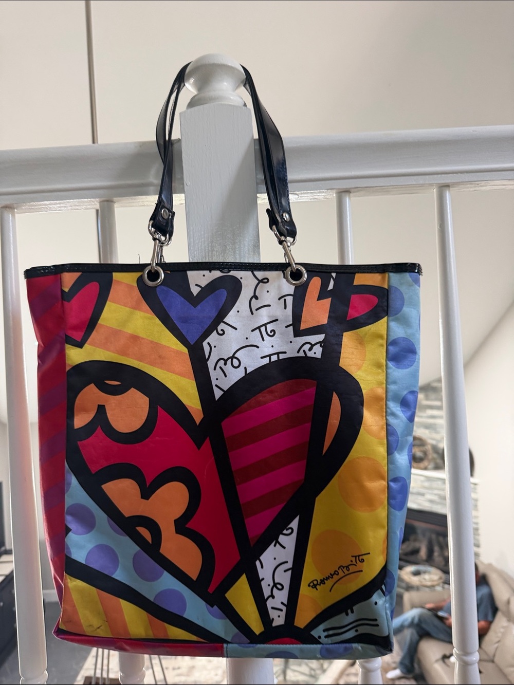 Colorful Heart-Print Tote Bag with Black Handles